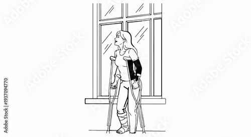 Woman with cast and crutches looking out window