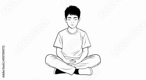 Youthful figure in traditional cross-legged meditation pose, eyes closed peacefully