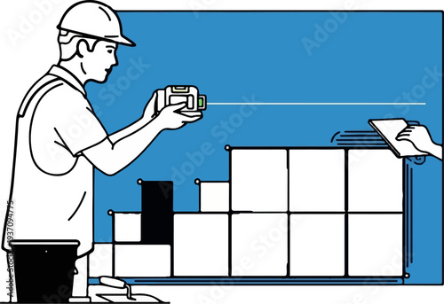 Construction worker uses laser level to ensure precise alignment of wall tiles