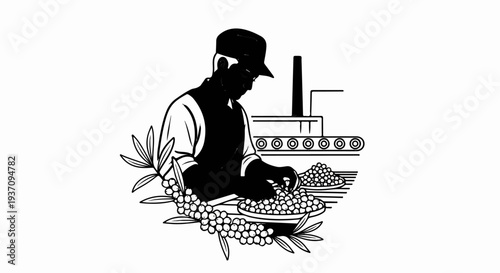 Worker sorting berries on a conveyor belt with industrial machinery in background