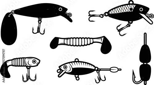 Six diverse black and white fishing lures displayed on a white background