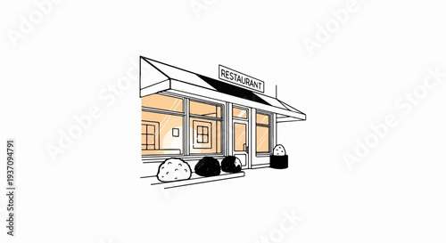 Exterior view of a simple, stylized restaurant with a sign, large windows, and decorative planters