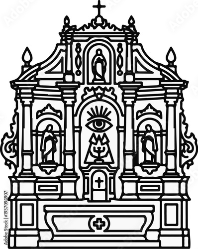 Ornate facade with religious and symbolic imagery, a central eye