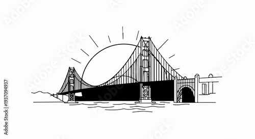 Stylized line drawing of a suspension bridge with sunbeams and water