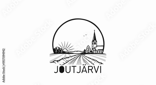 Rural landscape with church, sun, trees, and a road leading to horizon