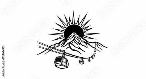 Sunrise over mountains with gondolas on cables