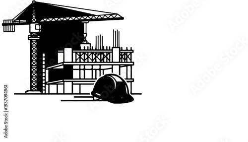 Tower crane and construction site with hard hat