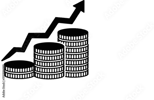 Stacks of coins rising with an upward trend arrow