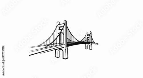 Stylized black ink drawing of a suspension bridge with distinct towers and cables