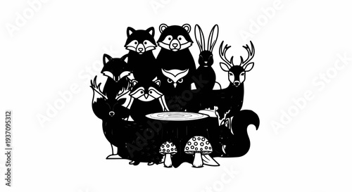 Woodland animals gather around a stump with mushrooms