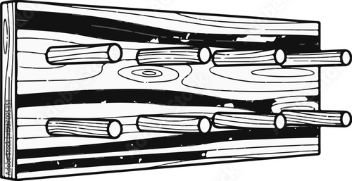 Wooden board with protruding cylindrical pegs