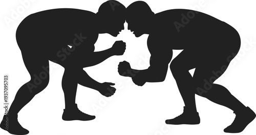 Silhouette illustration of two wrestlers facing each other in crouched stance preparing for competitive wrestling match sports vector design