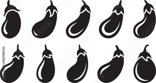 Ten black and white eggplant arranged in two rows of five vegetable outline