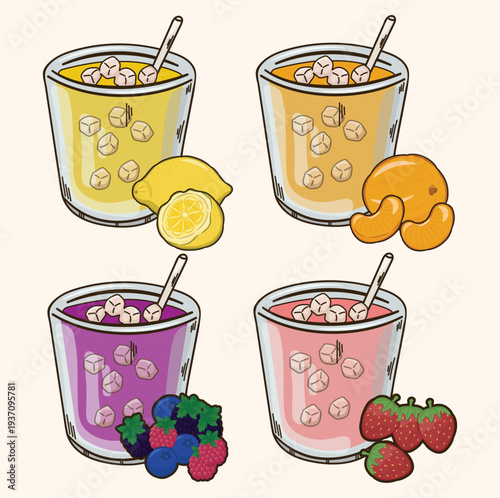 Illustration of orange juice strawberry juice berry juice lemonade healthy drink cafe drinks