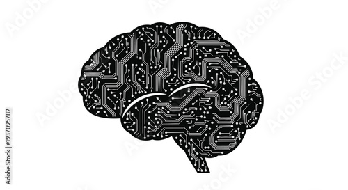 Circuit board brain illustration with electronic components