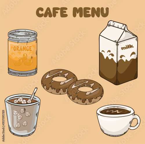 Illustration of several cafe menus including milk juice coffee iced americano and donuts