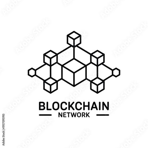 Blockchain network illustration featuring interconnected cubic shapes and text