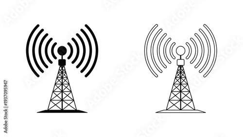 A black and white icon set featuring a wireless communication tower broadcasting signals.