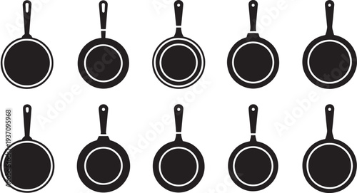 Ten black and white frying pans with handles arranged in two rows cooking