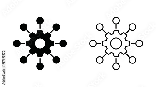 An icon set displaying a central gear connected to multiple surrounding nodes, symbolizing system integration and collaboration.