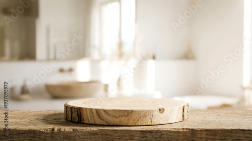Round wooden podium bathroom background with blurred interior for luxury spa product display banner