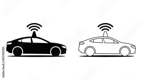 A car with a wireless signal emitting from its roof, representing autonomous and connected vehicle technology.