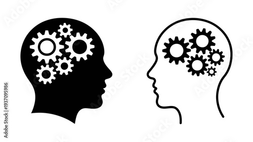 A human head silhouette containing gears, representing thought processes, innovation, and intellectual mechanics.
