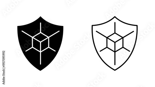 A shield icon enclosing a three-dimensional cube-like wireframe structure, representing robust security and data integrity.