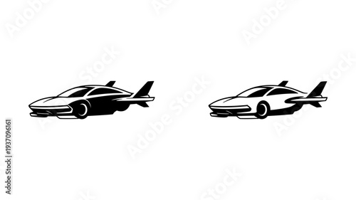 A sleek futuristic flying car with integrated wings, presented in both solid silhouette and outline styles.