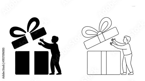 A man excitedly opening a large wrapped gift box, depicted as a black silhouette and an outline.