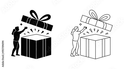 A woman joyfully opening a large gift box from which light radiates, shown in silhouette and outline.