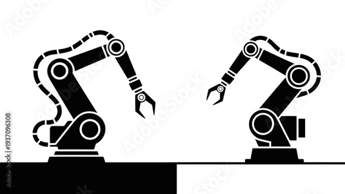 Two sleek robotic arms, one grounded on a black surface and the other on a white, showcasing modern automation.