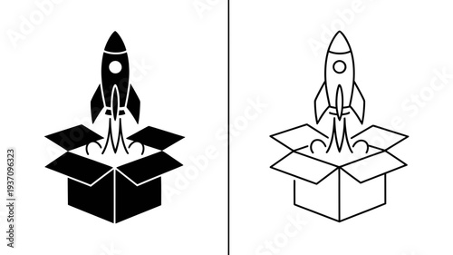 A minimalist icon of a rocket launching vertically from an open cardboard box, presented in both silhouette and outline styles.