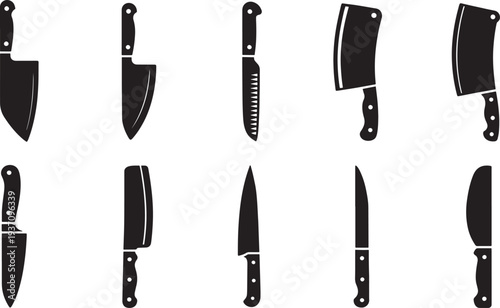 Ten black and white kitchen knives with different shapes and handles knife kitchen knife