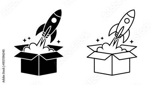 A dynamic illustration showing a rocket bursting out of an open box with sparkles, depicted in both solid and outline styles.