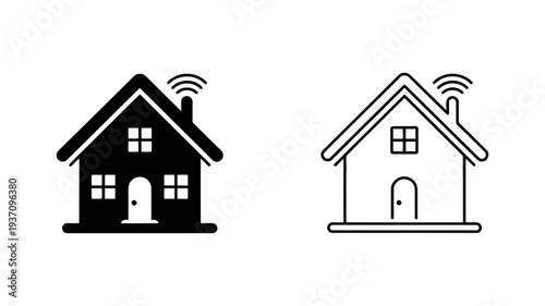 A classic house icon with Wi-Fi signals emanating from its chimney, illustrating smart home connectivity, in two styles.