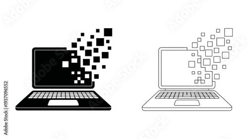 A laptop icon shows its screen dissolving into pixels, symbolizing data transformation or digital disruption.