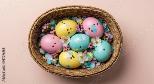Easter day celebration with colorful eggs in a woven basket