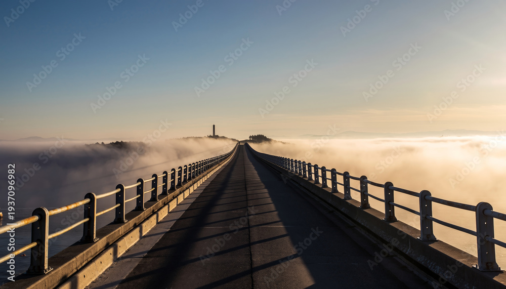Fototapeta premium A bridge extending over a foggy landscape towards a distant tower.