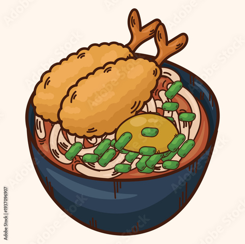 Illustration of udon large noodles with a special broth udon noodles with tempura and eegs