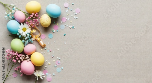 Easter day celebration with colorful eggs and floral arrangements
