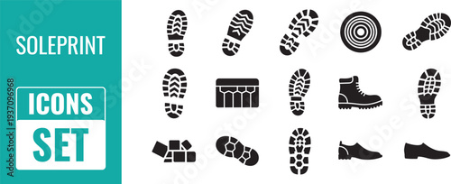 Footprint icons set with various shoe soles and footprints on white background