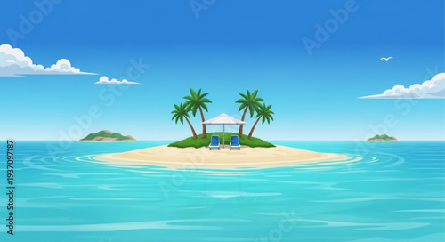 Small Tropical Island with Palm Trees and Clear Blue Water.