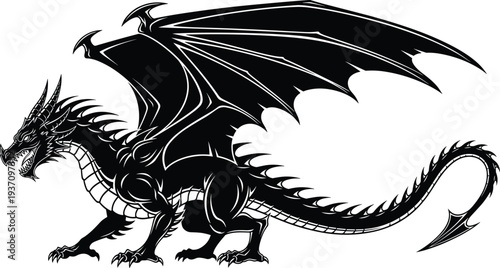 Detailed black silhouette of a powerful mythical dragon with large wings and spiked tail isolated on a white background.