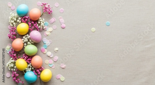 Easter day celebration with colorful eggs and flowers decoration