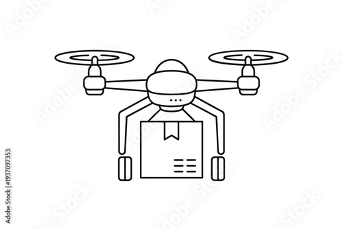 Line drawing of a delivery drone carrying a package with a screen