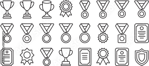 Collection of and achievement black and white trophies medals certificates