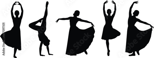 Collection of elegant female dancer silhouettes showing various ballet and contemporary dance poses isolated on light background artistic movement concept for choreography performance design projects