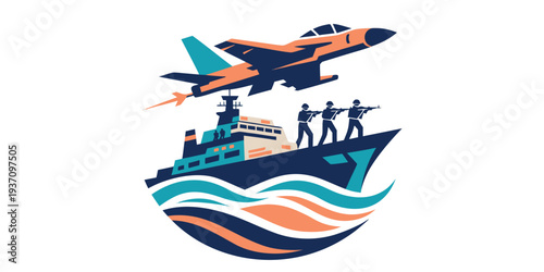 Military scene depicting a jet ship soldiers and wavy ocean waters