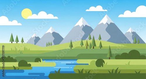 Scenic Landscape with Mountains River and Trees.